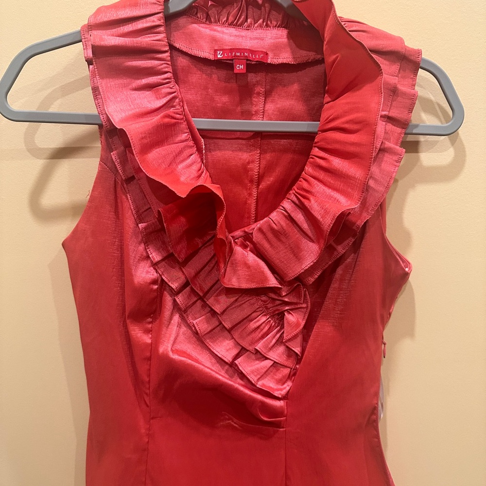 Red Coral Elegant Ruffled Sleeveless Blouse Small Y2K Liz Minelli - Picture 7 of 7